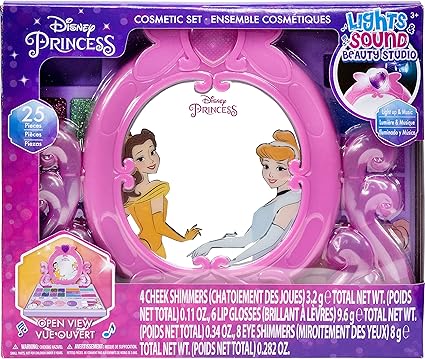 Disney Princess Light-Up Cosmetic Vanity Set – Safe Makeup Kit for Kids Ages 3+ with Lip Gloss, Eye & Cheek Shimmer, Brushes, Lights & Music