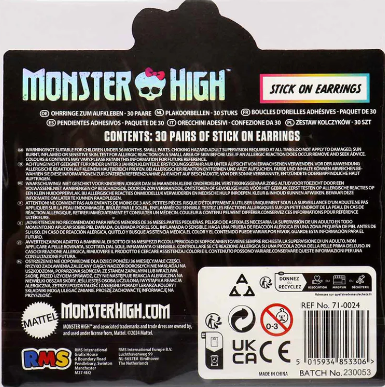 Monster High Stick On Earrings