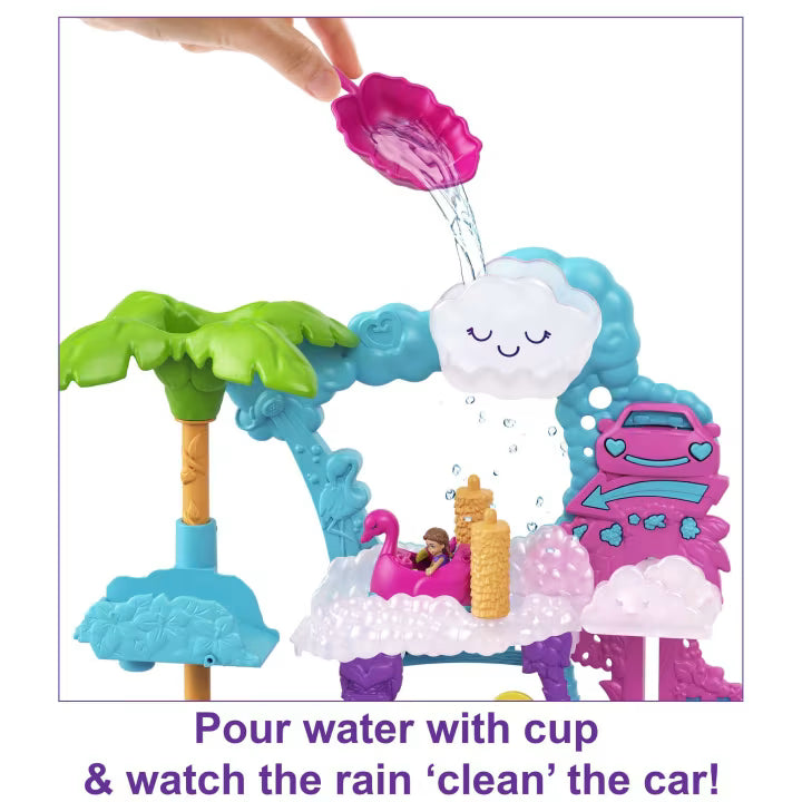 Polly Pocket Flamingo Fun Car Wash Playset – Color Change Car, Dolls & Water Play Features