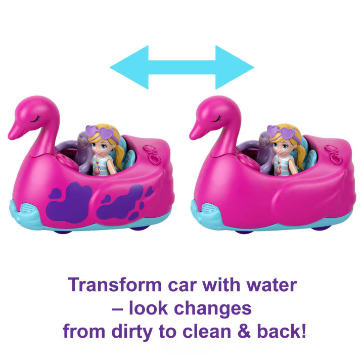 Polly Pocket Flamingo Fun Car Wash Playset – Color Change Car, Dolls & Water Play Features