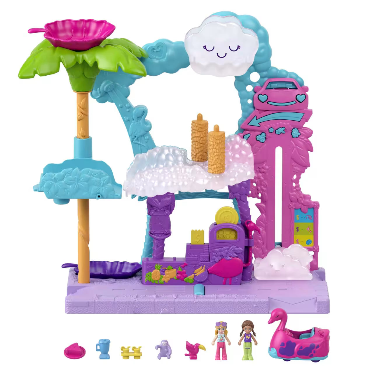 Polly Pocket Flamingo Fun Car Wash Playset – Color Change Car, Dolls & Water Play Features