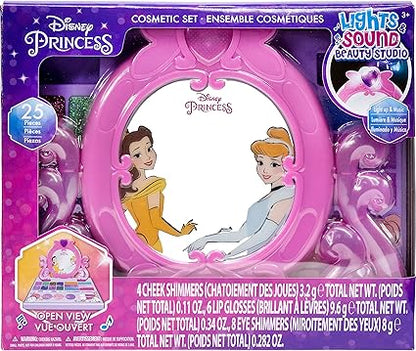 Disney Princess Light-Up Cosmetic Vanity Set – Safe Makeup Kit for Kids Ages 3+ with Lip Gloss, Eye & Cheek Shimmer, Brushes, Lights & Music