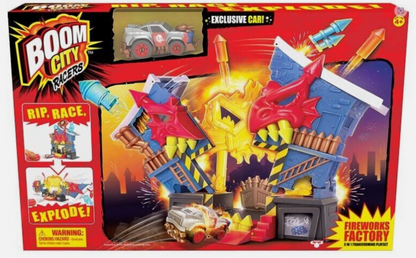 Boom City Racers Fireworks Factory 3 in 1 Transforming Playset Rip, Race,Explode