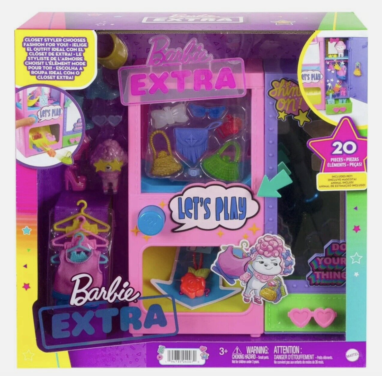 Barbie Extra Surprise Fashion Playset with 20 Pieces & Pet Poodle Closet