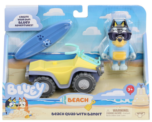 Bluey Vehicle & Figure Pack – Beach Quad with Bandit & Surfboard