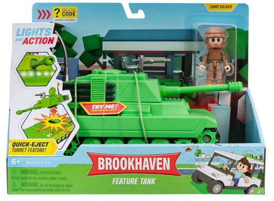 DevSeries Brookhaven Feature Tank – 7.5-Inch Vehicle with Lights, Ejecting Turret, Camo Soldier Figure & Virtual Item Code