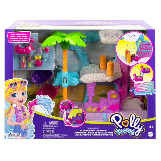 Polly Pocket Flamingo Fun Car Wash Playset – Color Change Car, Dolls & Water Play Features