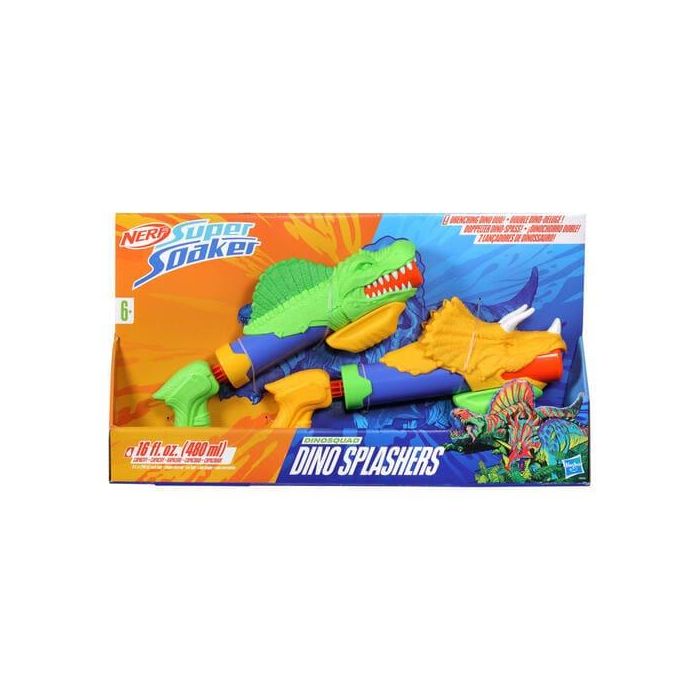Nerf Super Soaker Dino Splashers 2‑Pack – DinoSquad Water Blasters with Triceratops & Spinosaurus Designs (Ages 6+)